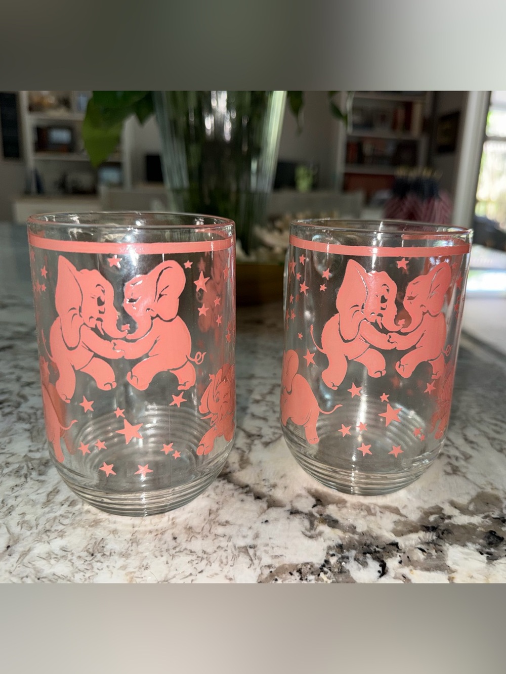 Vintage Hazel-Atlas Dancing Pink Elephant Beer Handled Mug Glass MCM Set Of 2